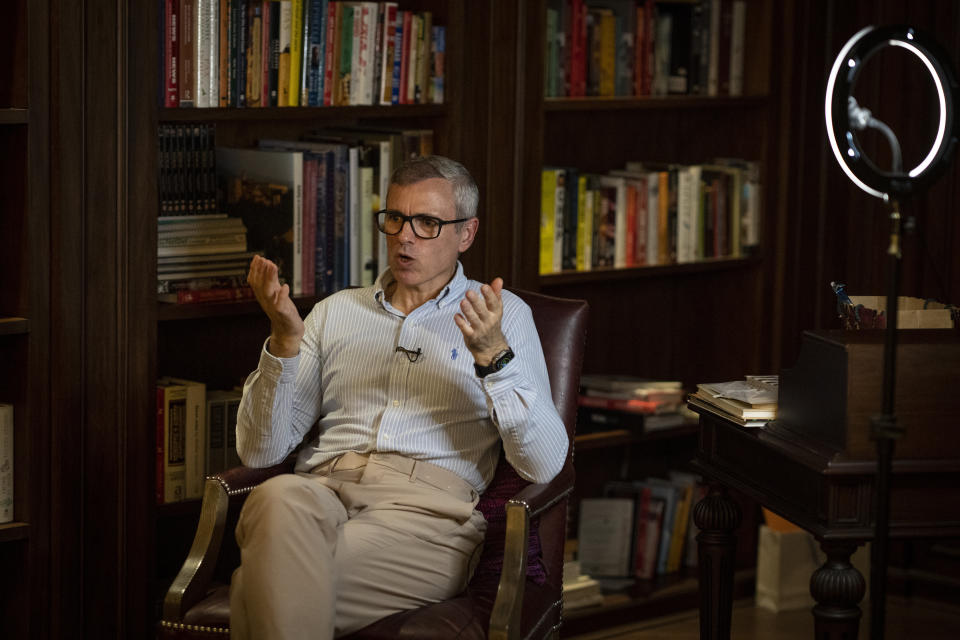 National Conference (NC) leader and former chief minister of Jammu and Kashmir Omar Abdullah speaks to Associated Press at his residence in New Delhi, India, Friday, Aug., 4, 2023. Kashmir’s top pro-India politician says the disputed region is lacking democracy four years after Prime Minister Narendra Modi's ruling Hindu nationalist party stripped its statehood, separate constitution and inherited protections on land and jobs. (AP Photo/Altaf Qadri)