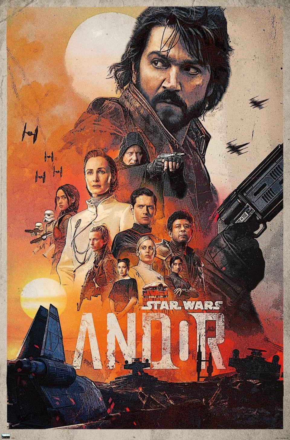 Orange hued Andor poster featuring the show's main characters