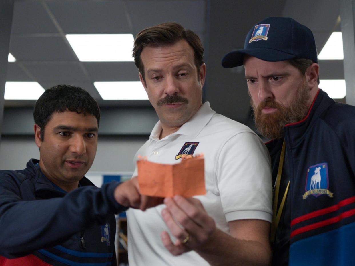 Nick Mohammed, Jason Sudeikis and Brendan Hunt in 'Ted Lasso': Apple TV