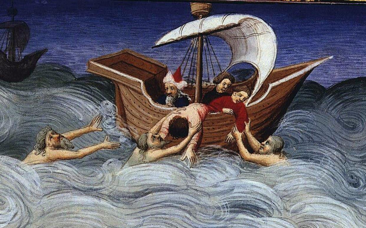 The Mongol fleet struck by storm at sea, from the Livre des Merveilles (early 15th century)