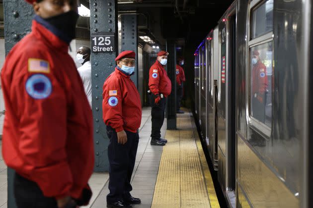 Members of the Guardian Angels participate in a safety patrol at a subway stop in New York City in June. The citizen law enforcement group stepped up its patrol due to the rising number of hate crimes against Asian communities amid the COVID-19 pandemic. (Photo: Alex Wong via Getty Images)