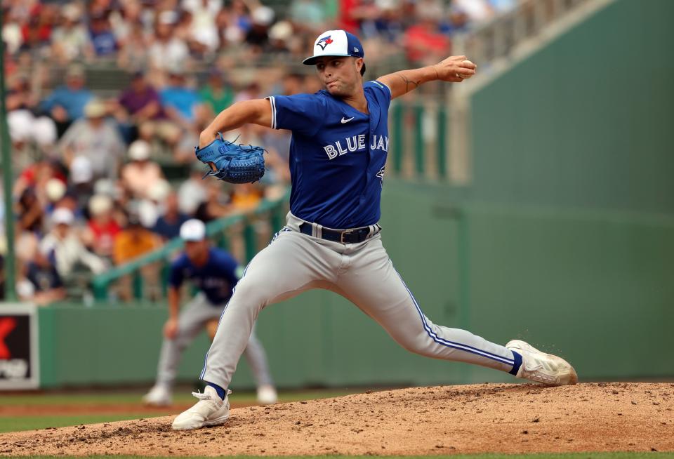 Toronto Blue Jays pitcher Mason Fluharty (84) throws a pitch during the third inning against the Boston Red Sox at JetBlue Park at Fenway South.