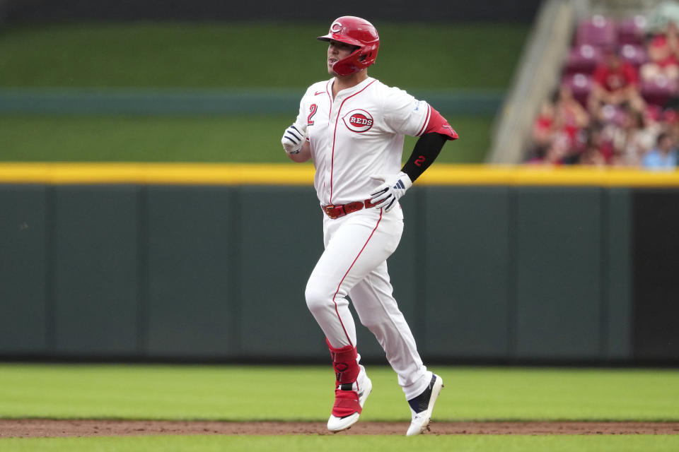 Cincinnati Reds Ty France rounds the bases after hitting a solo home run during the second inning of a baseball game against the St. Louis Cardinals, Tuesday, Aug. 13, 2024, in Cincinnati. (AP Photo/Kareem Elgazzar)