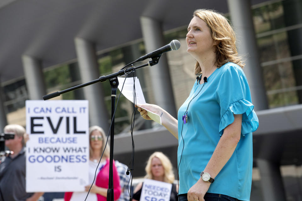 Mary DeMuth, a rape survivor who's an advocate for sexual abuse victims, speaks during a rally at the Southern Baptist Convention meeting in Dallas in 2018. (Photo: Jeffrey McWhorter / ASSOCIATED PRESS)