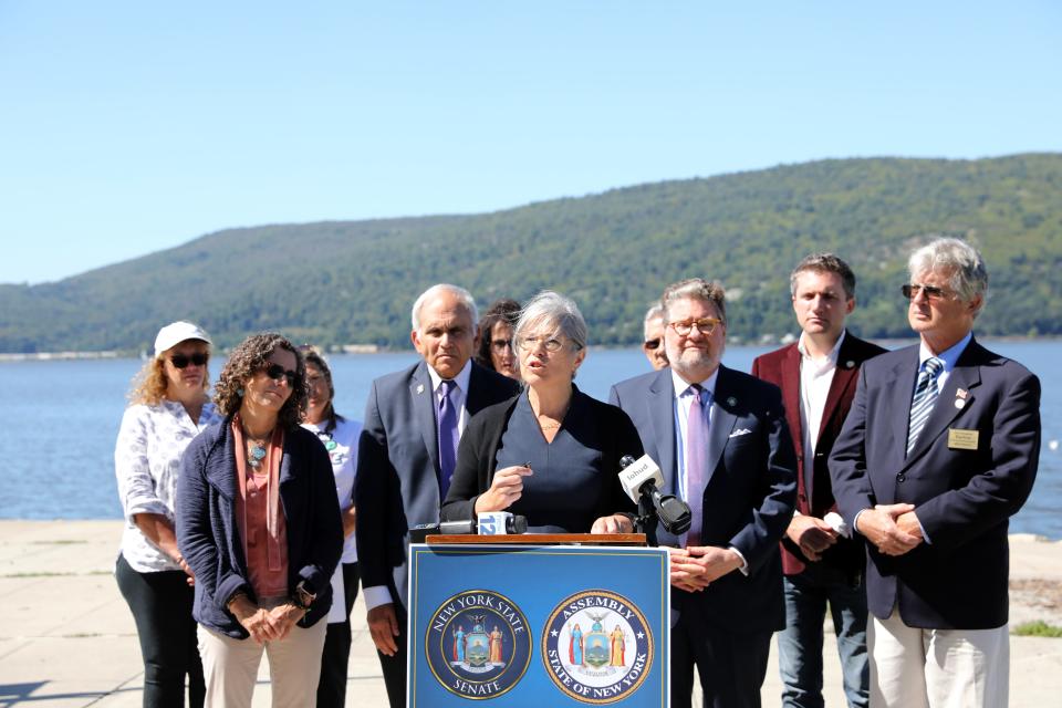 Westchester County Legislator Erika Pierce, who lost a family member to suicide on the Bear Mountain Bridge, calls on the Bridge Authority to install suicide prevention fencing to five bridges in the Hudson Valley, Sept. 14, 2023 in Peekskill.