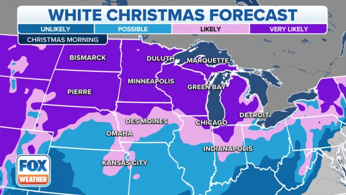 A map showing the likelihood of a white Christmas in the northern U.S.