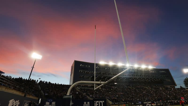 The sun sets over Maverik Stadium in Logan on Friday, Oct. 1, 2021.