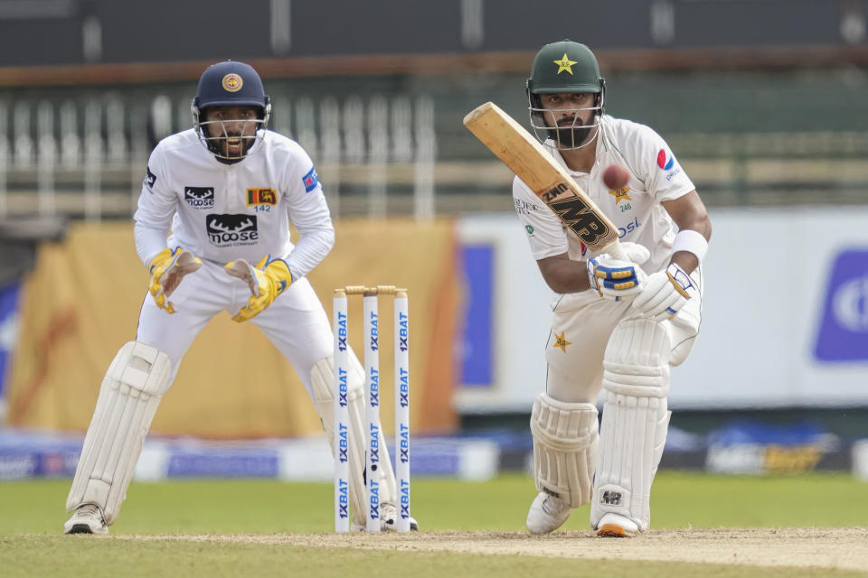 Pakistan's Abdullah Shafique watches his shot during the third day of the second cricket test match between Sri Lanka and Pakistan in Colombo, Sri Lanka on Wednesday, Jul. 26. (AP Photo/Eranga Jayawardena)