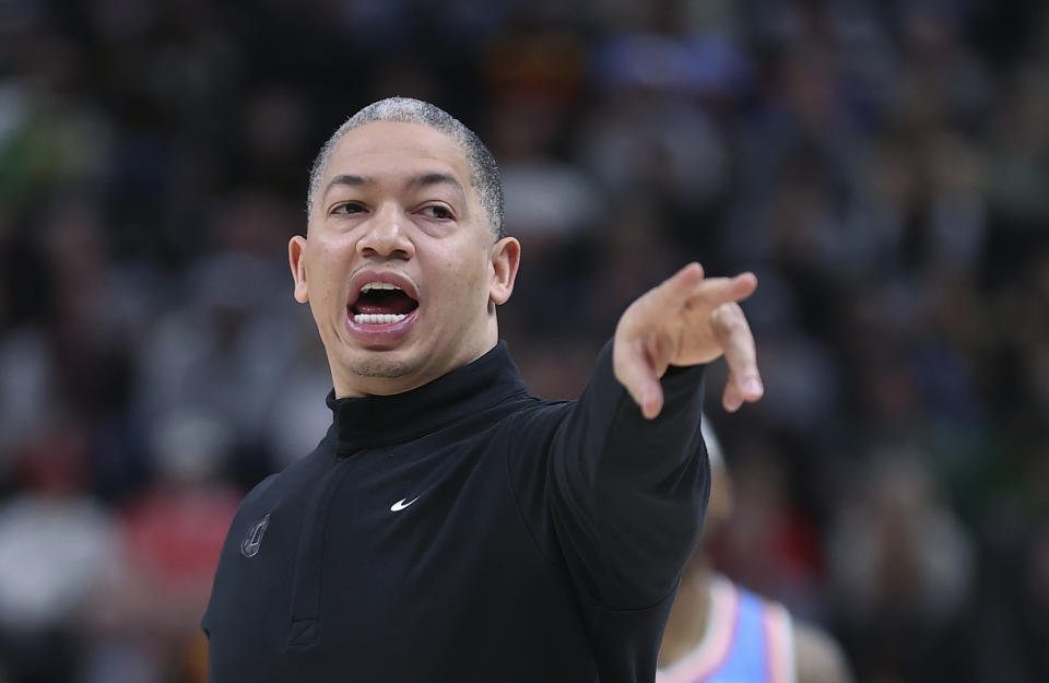 Los Angeles Clippers coach Ty Lue shouts instructions during the second quarter of the team's NBA basketball game against the Utah Jazz on Friday, March 18, 2022, in Salt Lake City. (AP Photo/Rob Gray)