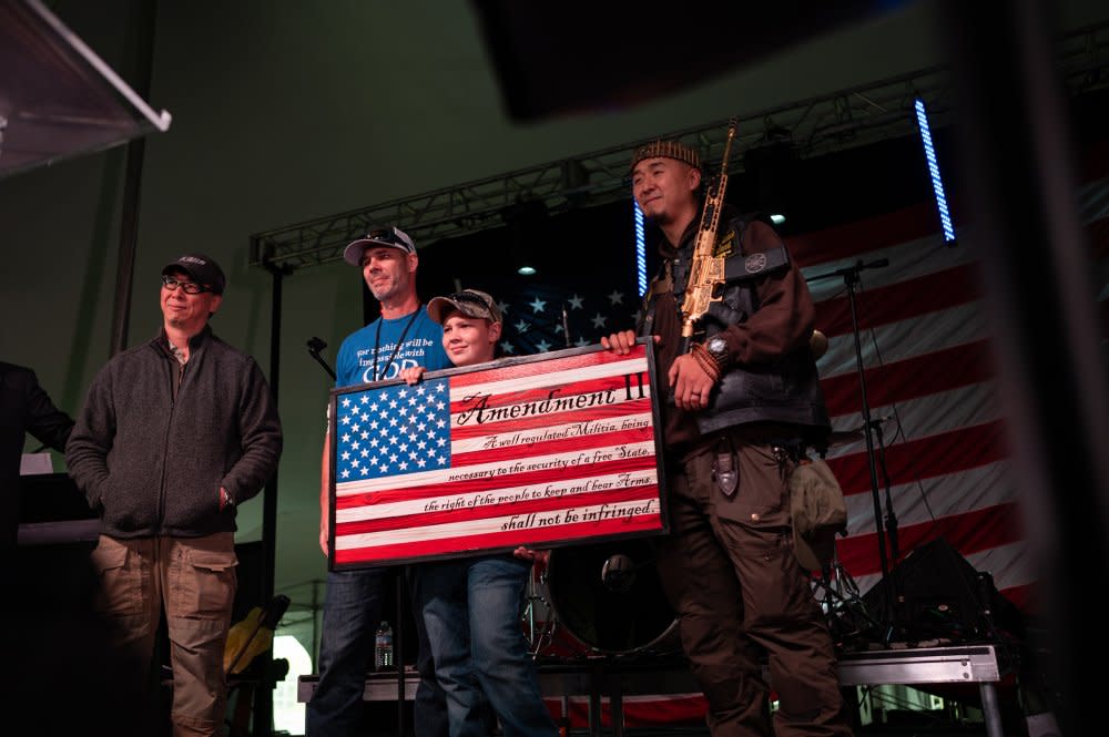 Justin Moon and Sean Moon during the annual Rod of Iron Festival in Geeley, Pa. on Oct. 7, 2023. The festival celebrates guns, former President Trump and the Second Amendment.<span class="copyright">Zach Roberts—NurPhoto/Reuters</span>