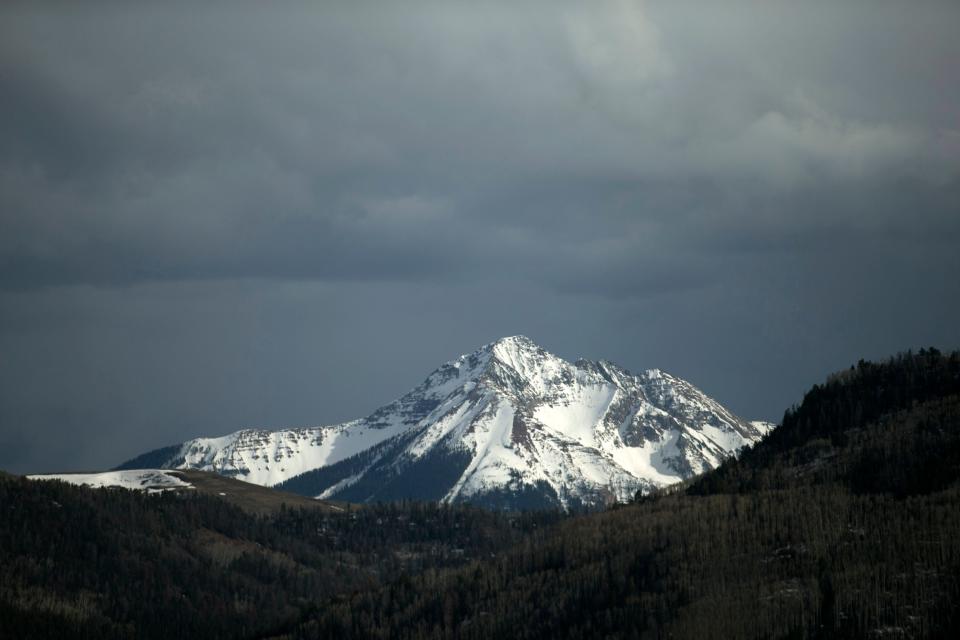 A snow-covered peak in the San Juan Mountains near Telluride, Colo., is seen on April 23, 2015.