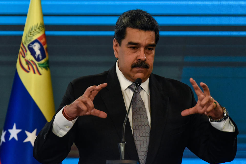 CARACAS, VENEZUELA - FEBRUARY 17: Nicolas Maduro President of Venezuela gestures as he speaks in a press conference at Miraflores Palace on February 17, 2021 in Caracas, Venezuela. Nicolas Maduro President of Venezuela announced the country will start vaccinating health workers from Thursday with the Covid-19 Vaccine Sputnik V. (Photo by Carolina Cabral/Getty Images)