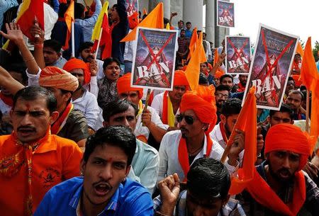 Demonstrators chant slogans as they protest against the release of the upcoming Bollywood movie 'Padmavati' in Bengaluru, India, November 15, 2017. REUTERS/Abhishek N. Chinnappa