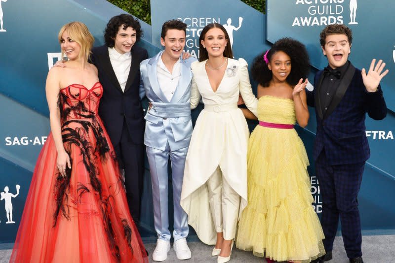 Cara Buono, Finn Wolfhard, Noah Schnapp, Millie Bobby Brown, Priah Ferguson and Gaten Matarazzo, from left to right, attend the SAG Awards in 2020. File Photo by Jim Ruymen/UPI