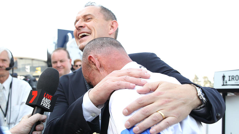 Trainer Chris Waller and jockey Glen Boss celebrate their Golden Eagle victory.