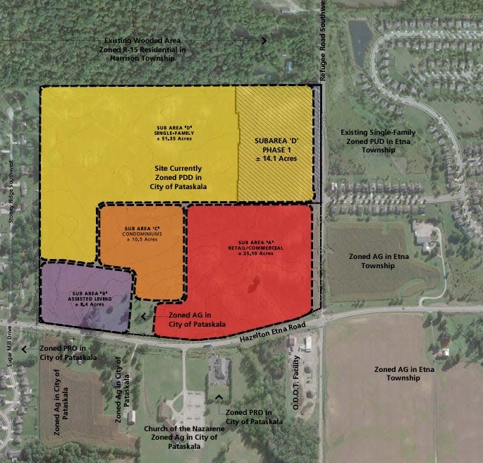 A map showing the different subareas of the Hazelton Crossing development, which includes 25 acres for retail and commercial, 8 acres for assisted living, 10 acres for condominiums, and 51 acres for single-family homes developed by Rockford Homes.