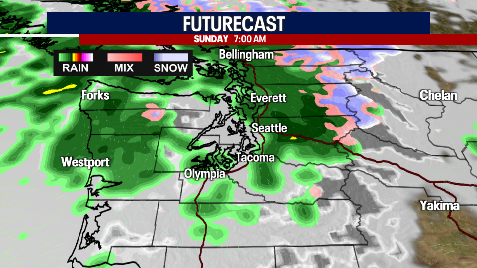 <div>Scattered rain is in the forecast for Western Washington Sunday morning.</div> <strong>(FOX 13 Seattle)</strong>