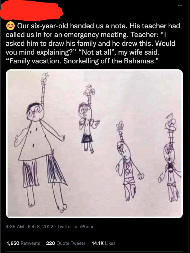 Kid gets called to the principal's office because he draws a picture of his family snorkeling, but it looks like they are blazing weed