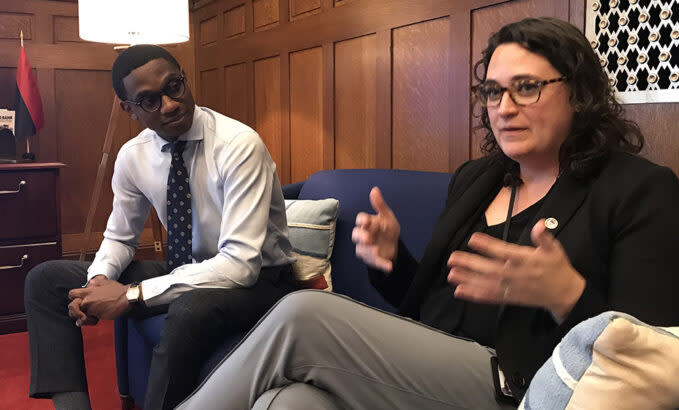 Cleveland Mayor Justin Bibb and Holly Trifiro, his education advisor, talk about the need to improve college and career readiness of students in the Cleveland school district. (Patrick O’Donnell)