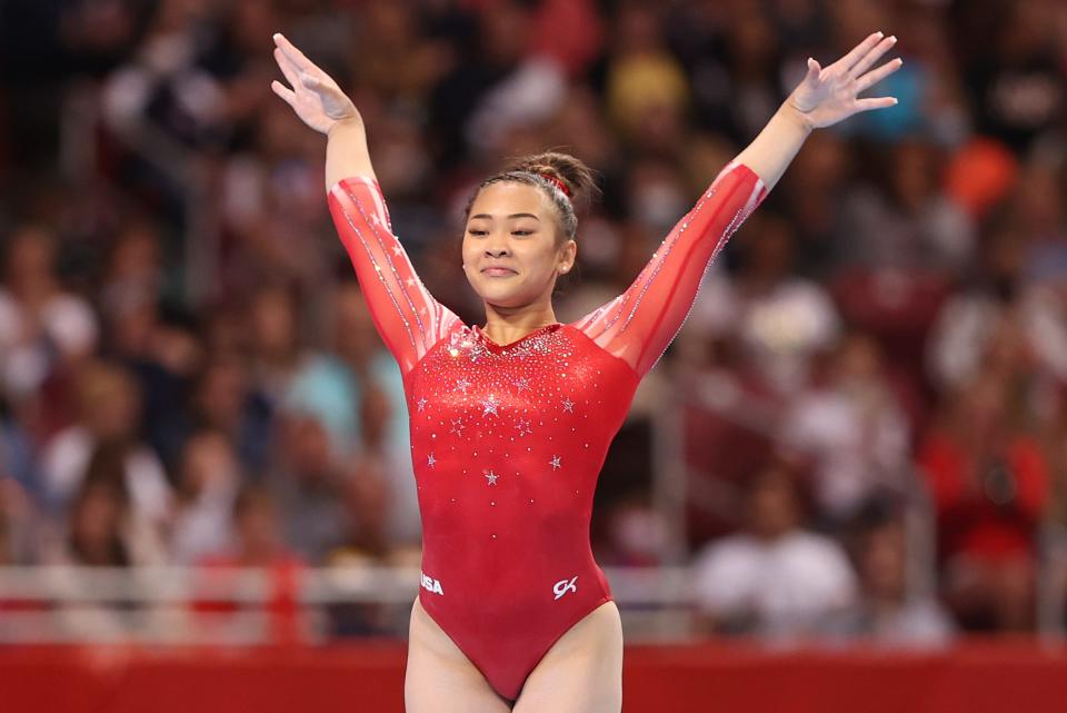 ST LOUIS, MISSOURI - JUNE 27: Suni Lee competes in the floor exercise during the Women's competition of the 2021 U.S. Gymnastics Olympic Trials at America’s Center on June 27, 2021 in St Louis, Missouri. (Photo by Carmen Mandato/Getty Images) ORG XMIT: 775659848 ORIG FILE ID: 1325828564