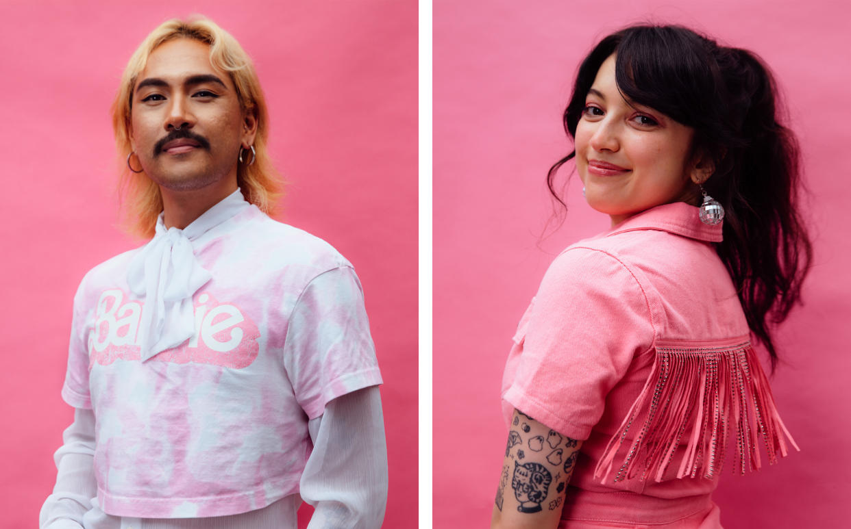 Image: Kevo Rivera, 32, and Jasmine Ly, 27, in their Barbie best. (Justin J. Wee for NBC News)