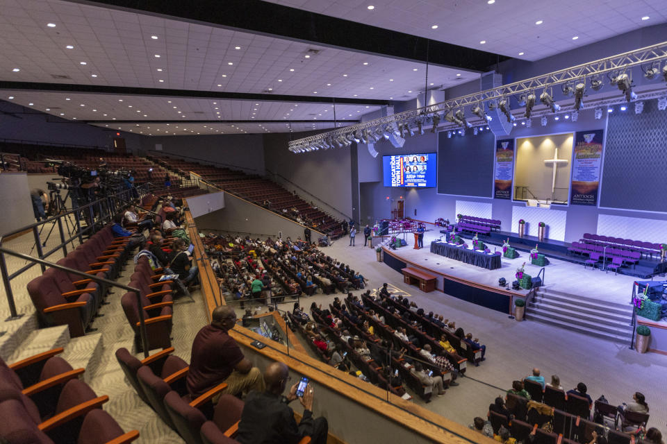 People gather at Antioch Missionary Baptist Church during an education town hall regarding the state's newly adopted curriculum standards on African-American history, Thursday, Aug. 10, 2023 in Miami Gardens, Fla. (D.A. Varela/Miami Herald via AP)