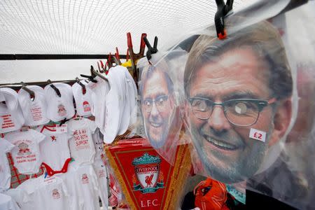 Football - Liverpool v Sunderland - Barclays Premier League - Anfield - 6/2/16 General view of Juergen Klopp merchandise for sale outside the stadium before the game Action Images via Reuters / Carl Recine Livepic