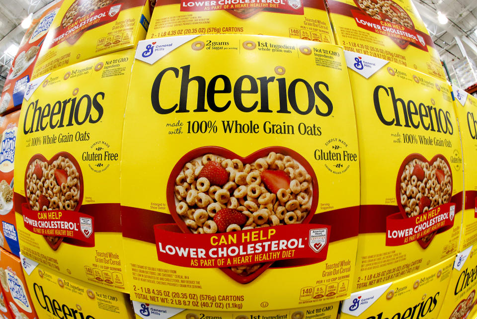 This is a display of General Mills Cheerios cereal at a Costco Warehouse in Homestead, Pa, on Thursday, May 14, 2020. (AP Photo/Gene J. Puskar)