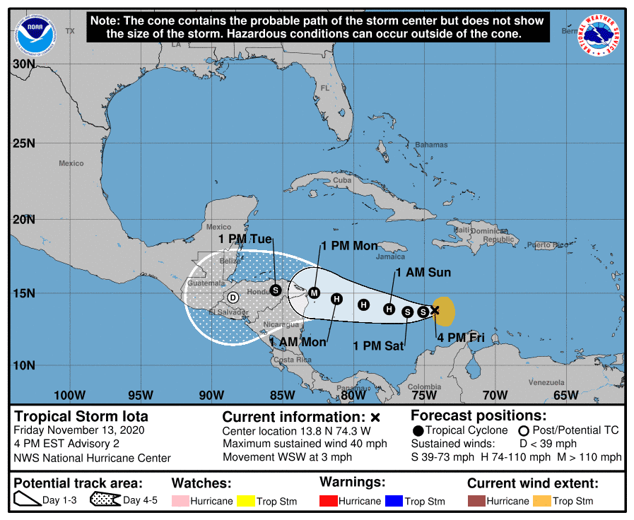 The forecast track of Tropical Storm Iota.