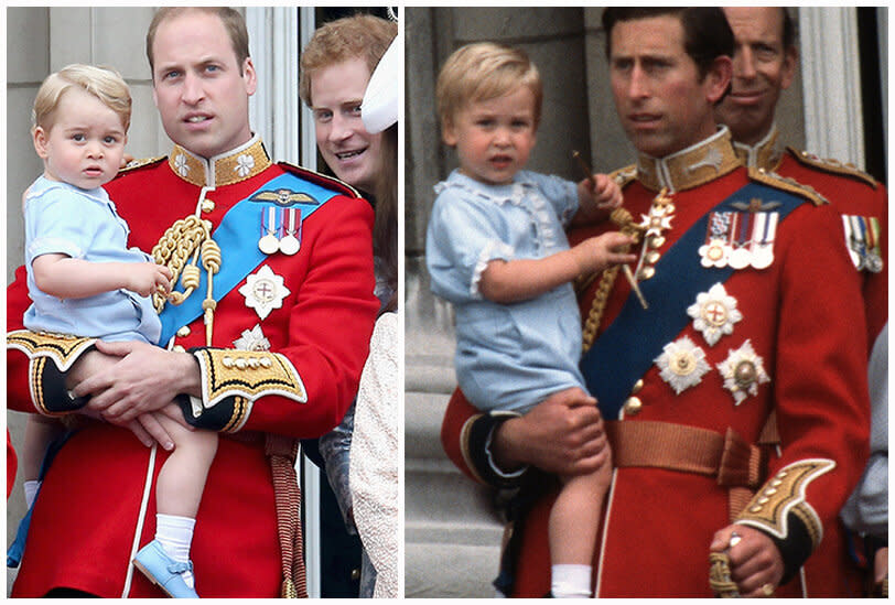 Prince George pictured with Prince William at Trooping the colour 2016 (left) and baby Prince William with Prince Charles at Trooping the Colour 1984 (right)