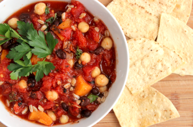 7) Farro, Bean, and Vegetable "Clean out the Fridge" Soup with Microwave Tortilla Chips