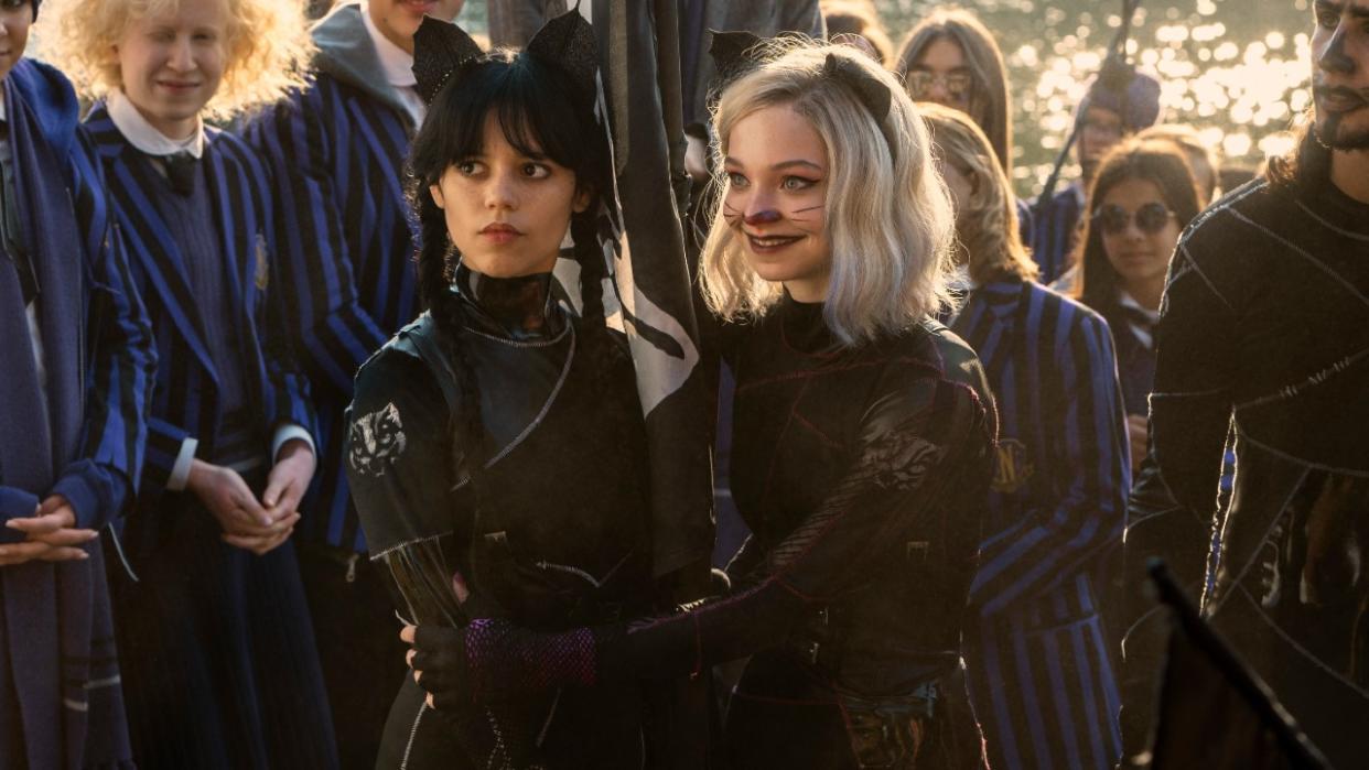  (L to R) Jenna Ortega as Wednesday Addams, Emma Myers as Enid Sinclair in episode 102 of Wednesday. 