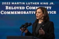 Vice President Kamala Harris speaks virtually to the Historic Ebenezer Baptist Church for the Martin Luther King, Jr., Beloved Community Commemorative Service, from the South Court Auditorium on the White House complex, Monday, Jan. 17, 2022, in Washington. (AP Photo/Alex Brandon)