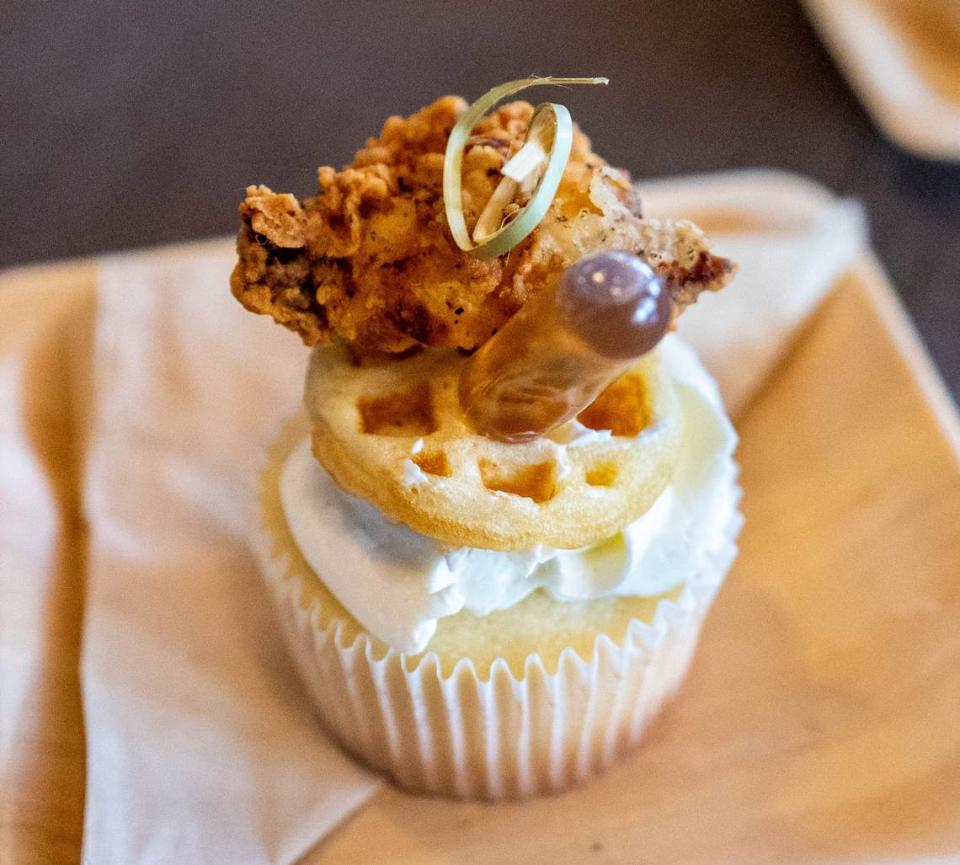 The chicken and waffle cupcake is presented at the media food tasting event at the Golden 1 Center on Monday.