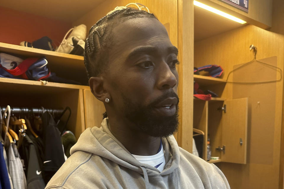 New York Giants quarterback Tyrod Taylor speaks with the media after NFL football practice, Wednesday, Oct. 18,2 023, in East Rutherford, N.J. Quarterback Daniel Jones practice on a limited basis for the first time Wednesday since hurting his neck at Miami on Oct 8. Taylor started and played Sunday night against Buffalo. (AP Photo/Tom Canavan)