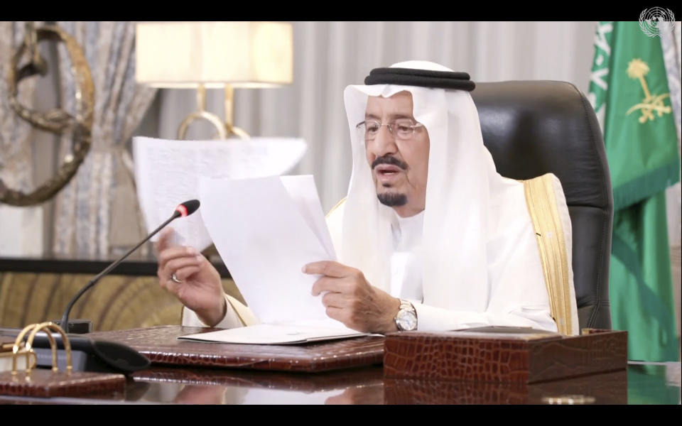 In this photo taken from video, Salman Bin Abdulaziz Al-Saud, King of Saudi Arabia, remotely addresses the 76th session of the United Nations General Assembly in a pre-recorded message, Wednesday, Sept. 22, 2021, at UN headquarters. (UN Web TV via AP)