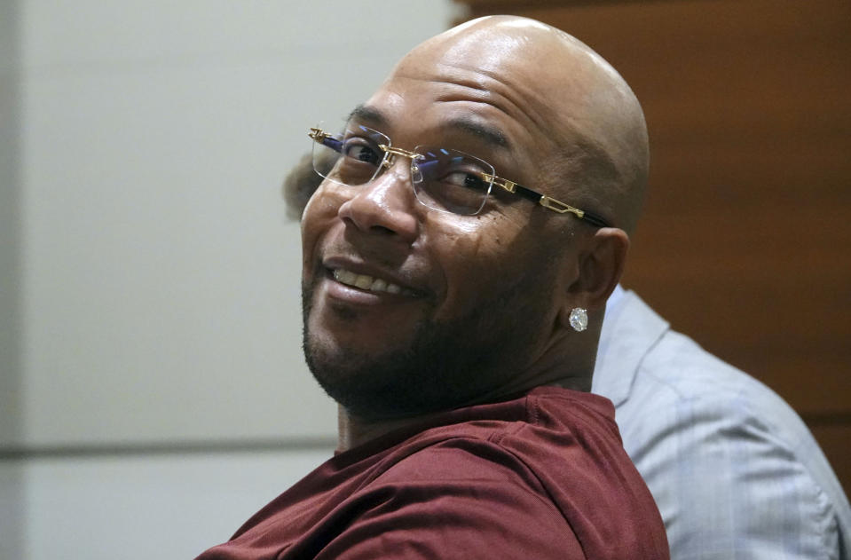 FILE - Rapper Tramar Dillard, known as Flo Rida, appears in a Broward County courtroom Tuesday, Jan. 10, 2023, in Fort Lauderdale, Fla. Hip hop artist Flo Rida was awarded $82.6 million on Wednesday, Jan. 18, after a South Florida jury found that the makers of Celsius energy drinks breached a contract with the rapper and singer and tried to hide money from him. (Joe Cavaretta/South Florida Sun-Sentinel via AP, Pool, File)