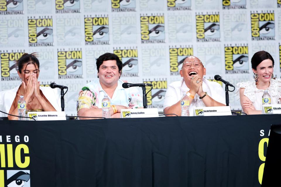 SAN DIEGO, CALIFORNIA - JULY 22: (L-R) Lisette Olivera, Harvey Guillén, Jacob Batalon, and Elizabeth Tulloch speaks onstage at Entertainment Weekly's "Brave Warriors" panel during 2022 Comic-Con International: San Diego at San Diego Convention Center on July 22, 2022 in San Diego, California. (Photo by Amy Sussman/Getty Images)