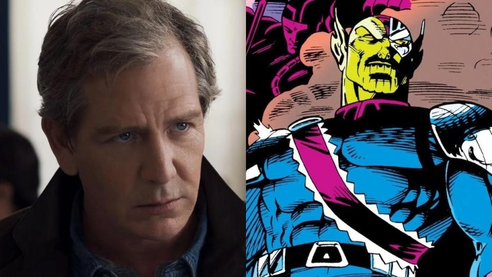 Ben Mendelsohn as Talos in Secret Invasion next to an image of the Skrull Talos in Marvel Comics.