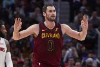 Nov 20, 2017; Detroit, MI, USA; Cleveland Cavaliers forward Kevin Love (0) celebrates a three point basket in the second half against the Detroit Pistons at Little Caesars Arena. Rick Osentoski-USA TODAY Sports