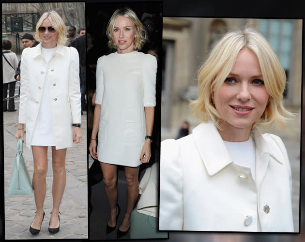 DER Hingucker in der Front-Row bei Louis Vuitton: Naomi Watts! In einem strahlend weißen Minidress und passendem Mantel zeigte die 44-Jährige ihre sexy Beine. Naomis Ton-in-Ton-Look können wir nur in den höchsten Tönen loben. (Bilder: Getty Images)