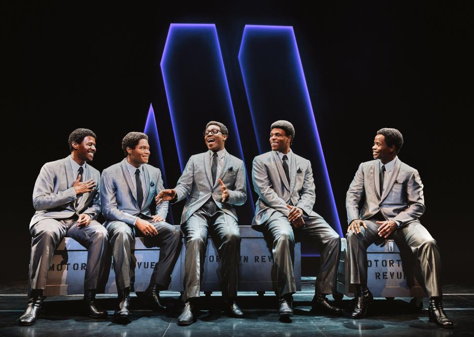 Left to right, Marcus Paul James, Jalen Harris, Elijah Ahmad Lewis, Harrell Holmes Jr., James T. Lane in the national tour of “Ain’t Too Proud.”