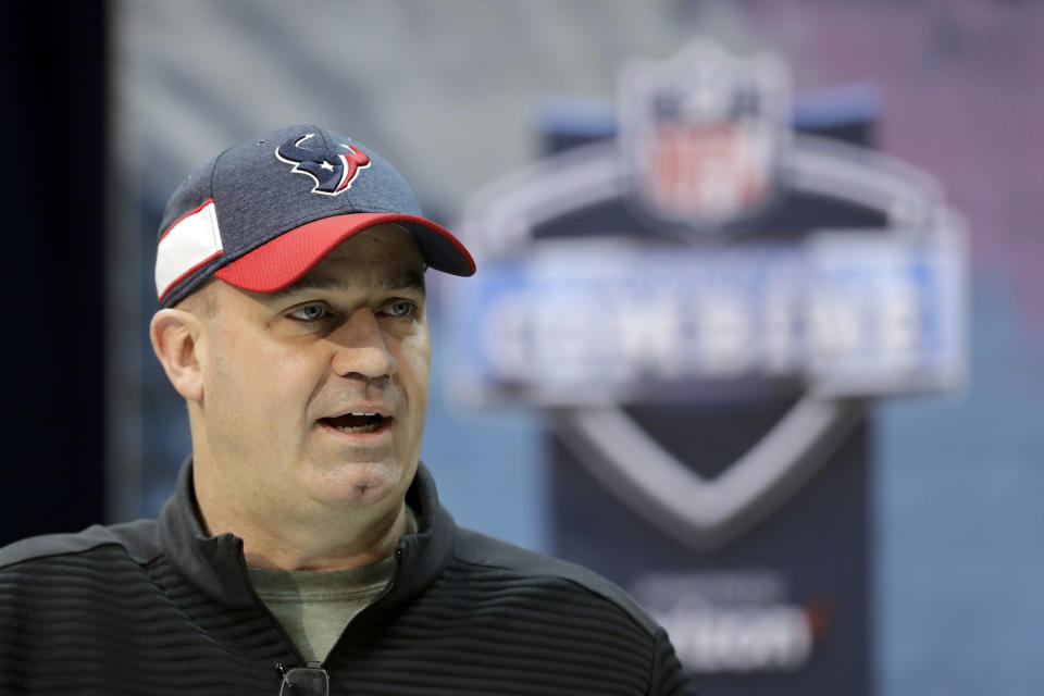 Houston Texans head coach Bill O'Brien speaks during a press conference at the NFL football scouting combine, Wednesday, Feb. 27, 2019, in Indianapolis. (AP Photo/Darron Cummings)