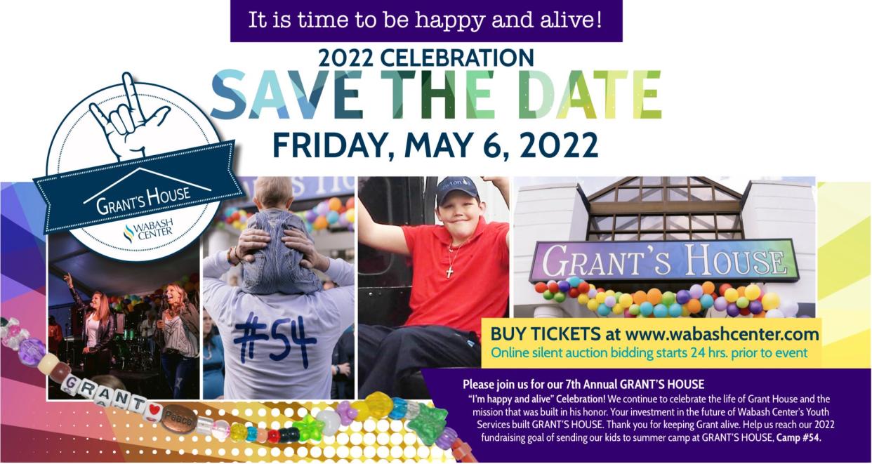 A save-the-date for the 7th Annual "I'm Happy and I'm Alive" celebration for Grant's House. The event will take place from 6 p.m. to 10:30 p.m. on Friday at the Tippecanoe County Fairgrounds.