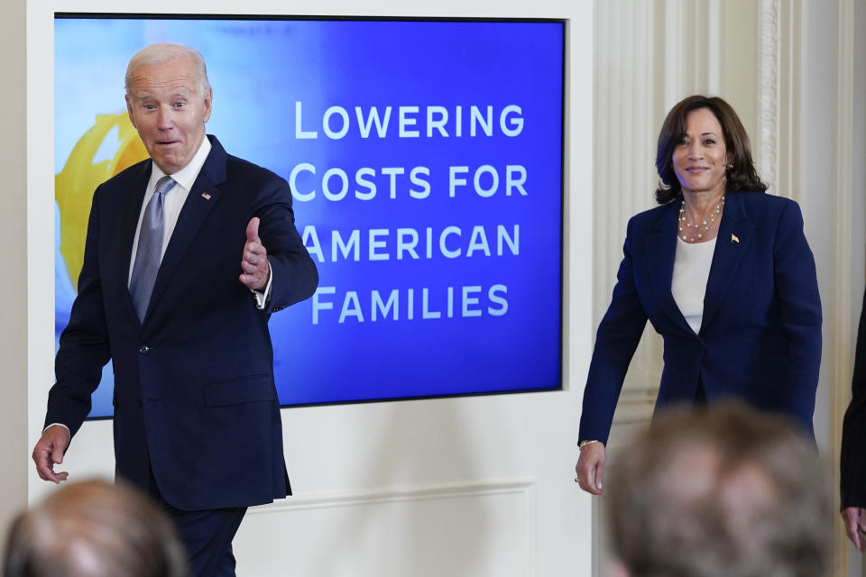 FILE - President Joe Biden and Vice President Kamala Harris arrive for an event on prescription drug costs, in the East Room of the White House, Aug. 29, 2023, in Washington. The Biden administration is putting pharmaceutical companies on notice. It's warning them that if the price of certain drugs is too high, they might allow other companies to make their product. Under the new plan, the government would consider overriding the patent for high-priced drugs that have been developed with the help of taxpayer money. (AP Photo/Evan Vucci, File)