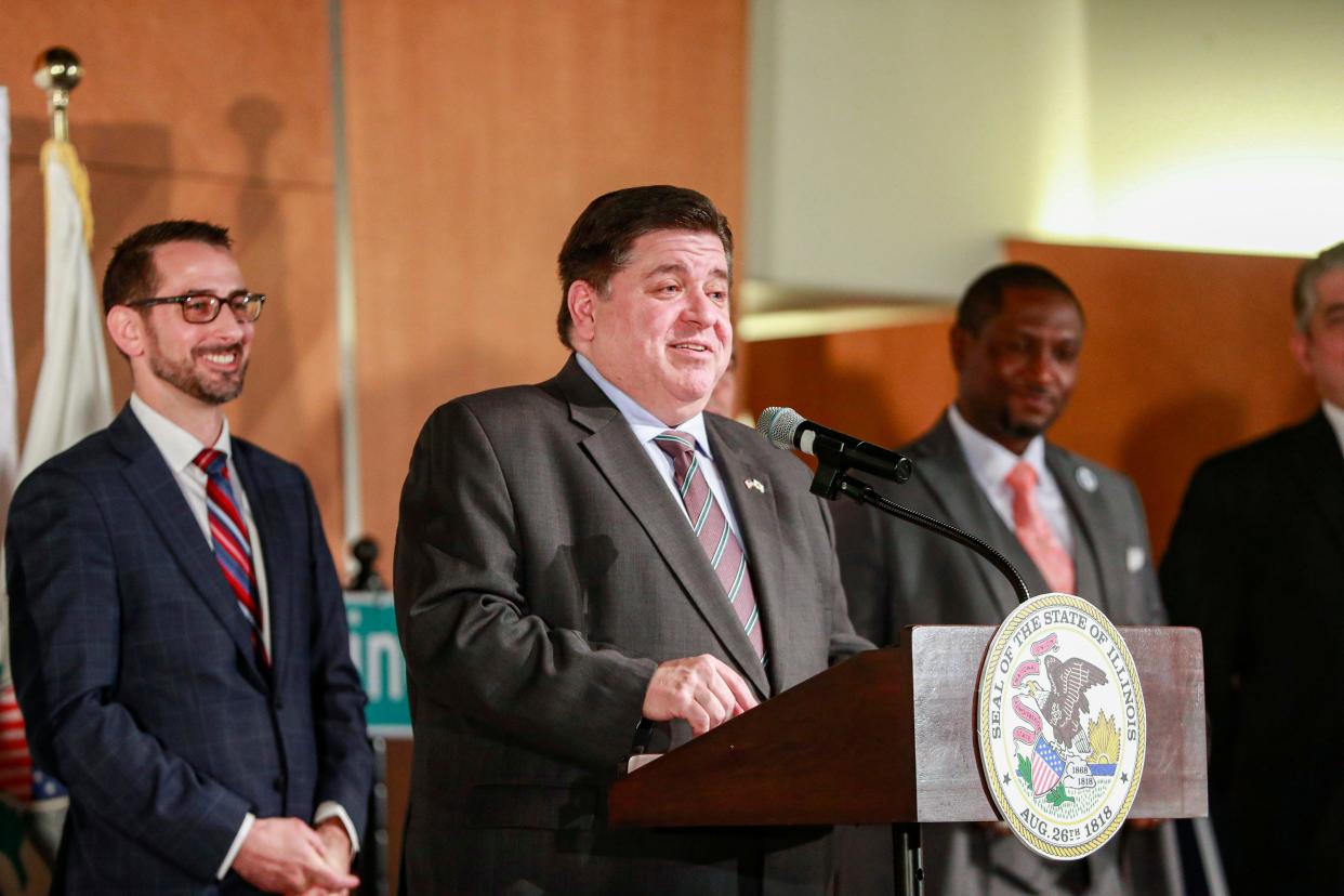 Illinois Gov. JB Pritzker talks about the state's plan to invest $58 million to fix South Alpine Road on Thursday, Jan. 26, 2023, at Forest City Church during a visit to Rockford.