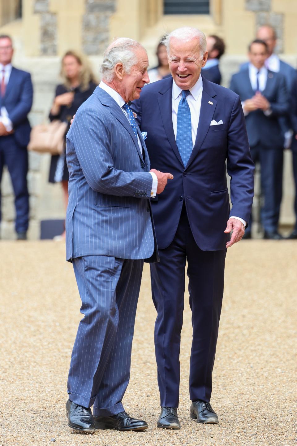 King Charles III and the president of the United States, Joe Biden laughing in the Quadrangle at Windsor Castle (Chris Jackson/Getty Images)