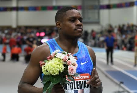 Feb 10, 2018; Boston, Massachussetts, USA; Christian Coleman (USA) poses after winning the 60m in 6.46 during the New Balance Indoor Grand Prix at Reggie Lewis Center. Mandatory Credit: Kirby Lee-USA TODAY Sports