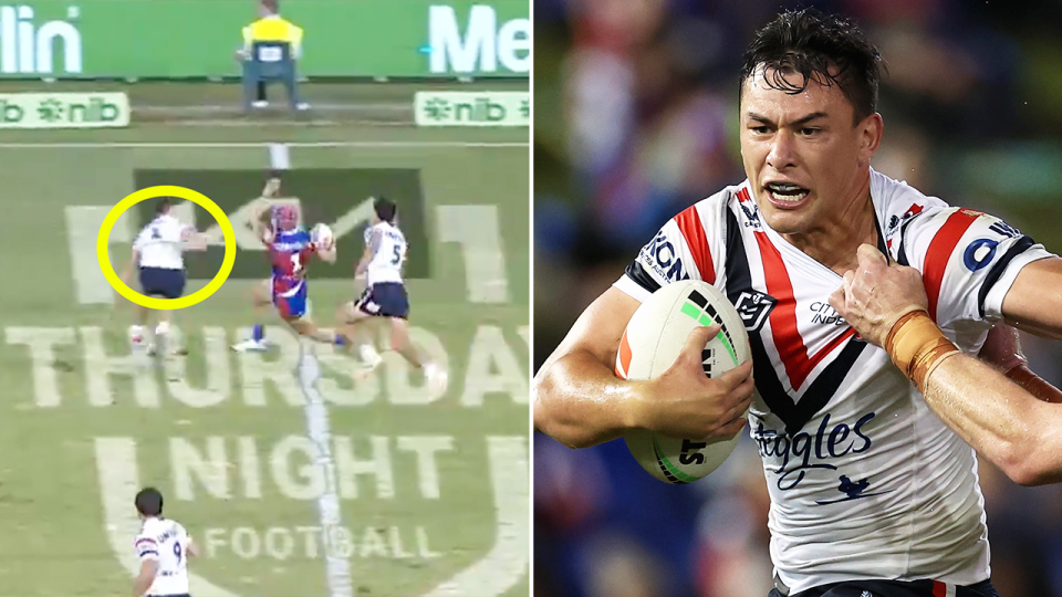 Joey Manu (pictured) has put on one of the best fullback displays in 2024 in the absence of the injured captain James Tedesco. (Images: Channel Nine/Getty Images)