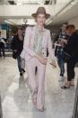 <p>Eva Herzigova arrives at Nice Airport ahead of the 2017 Cannes Film Festival. She was wearing a pastel pink suit with a spotted blouse and a brown fedora hat. (Photo: AKM-GSI) </p>